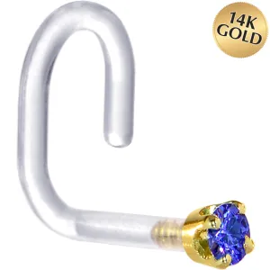 18 Gauge 1/4 Yellow Gold 1.5mm Blue Cubic Zirconia Bioplast Nose Ring