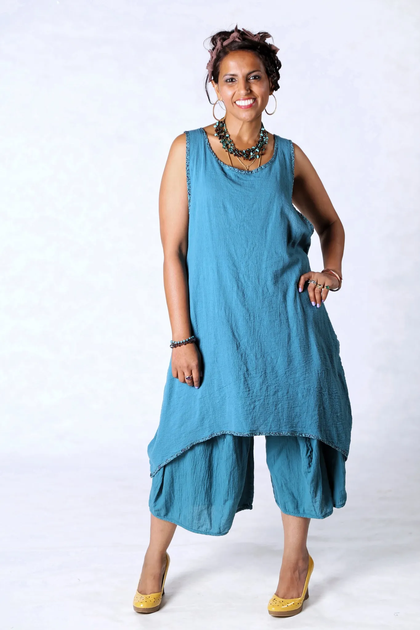 3242-Cropped Pocket Gauze Pant-Teal-U