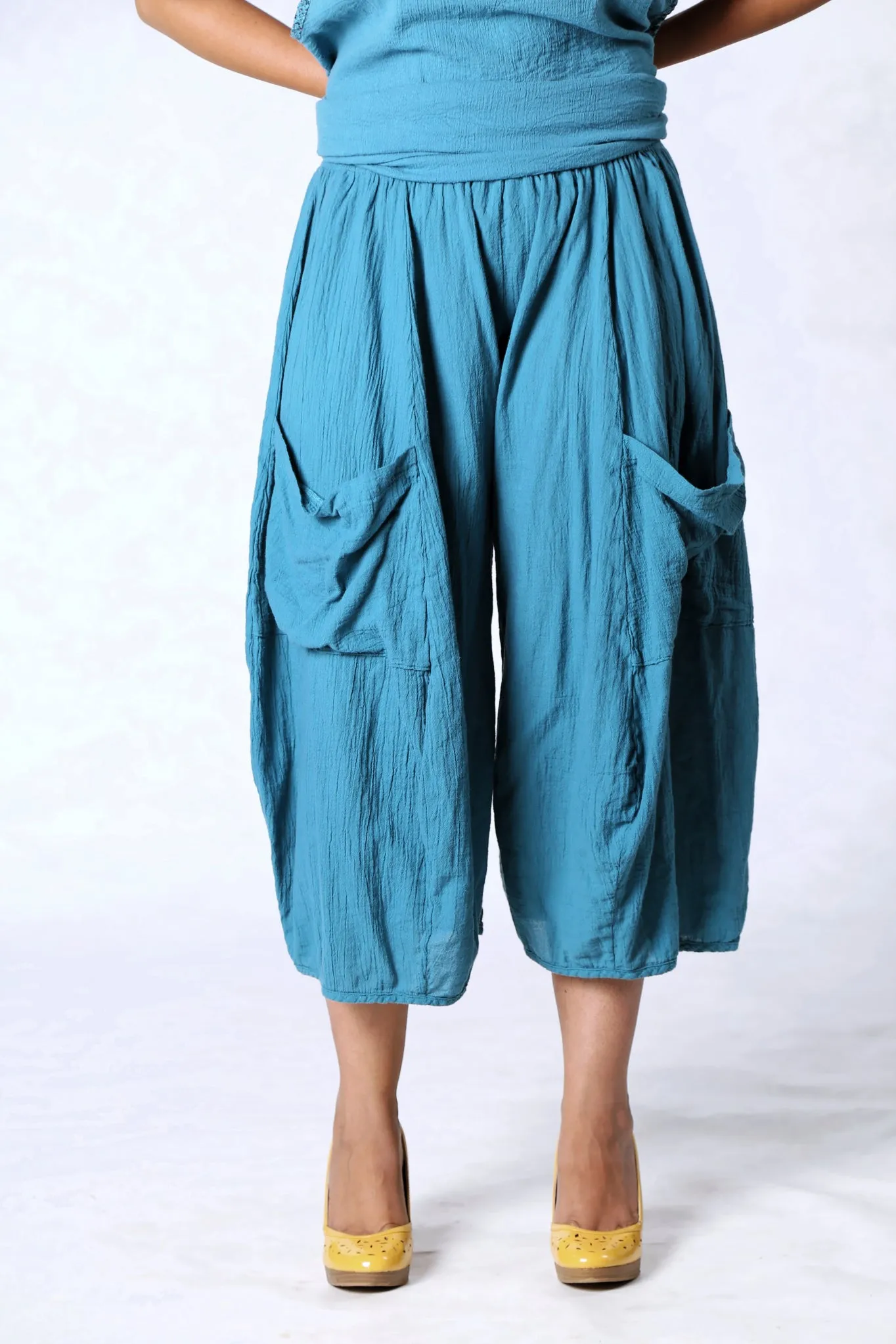 3242-Cropped Pocket Gauze Pant-Teal-U