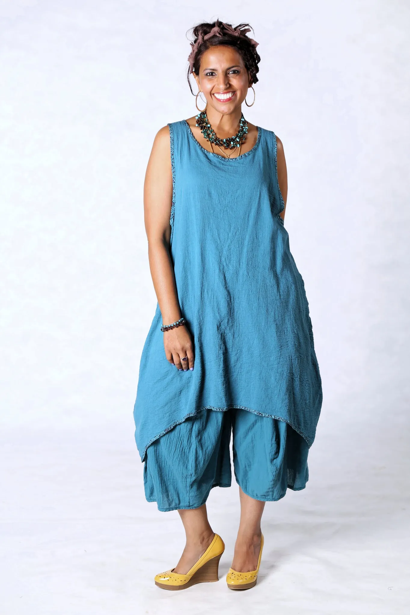 3242-Cropped Pocket Gauze Pant-Teal-U