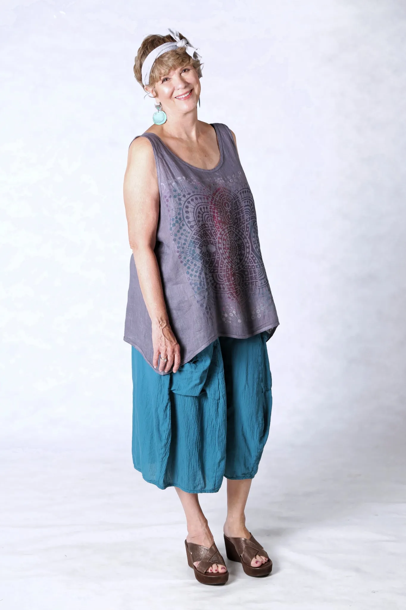 3242-Cropped Pocket Gauze Pant-Teal-U