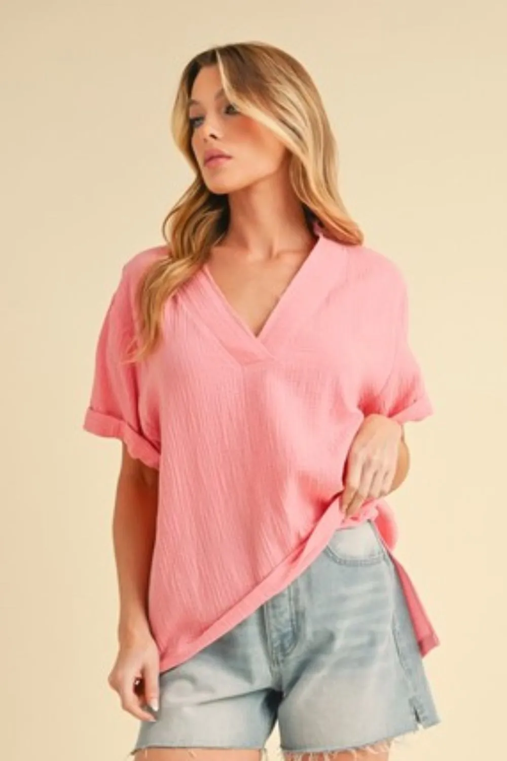 Aemi   Co Side Slit V-Neck Short Sleeve Blouse