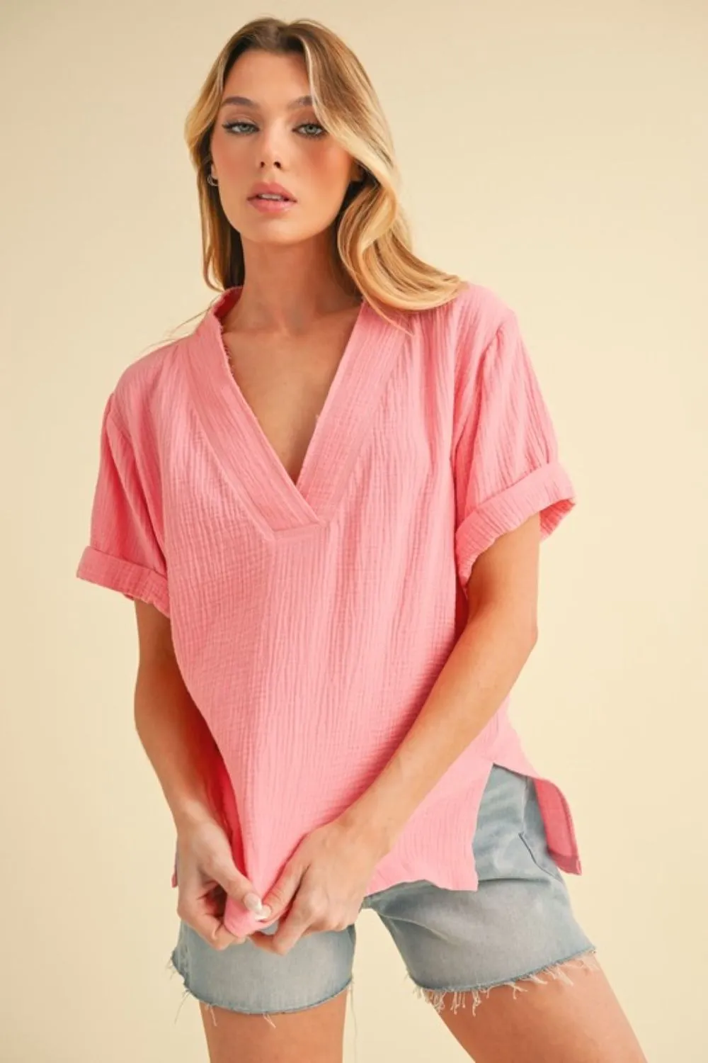 Aemi   Co Side Slit V-Neck Short Sleeve Blouse