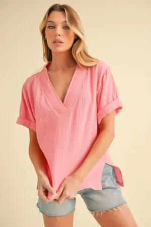 Aemi   Co Side Slit V-Neck Short Sleeve Blouse