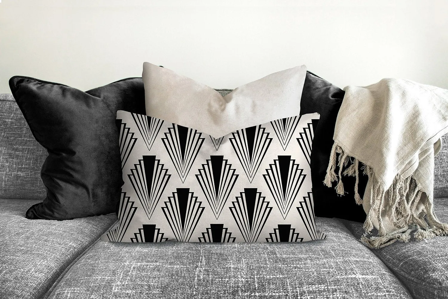 Art deco geometric fan pillow, retro linear black pattern, modern pillow, Interior decor, decor, pillow cover and insert, home accent pillow