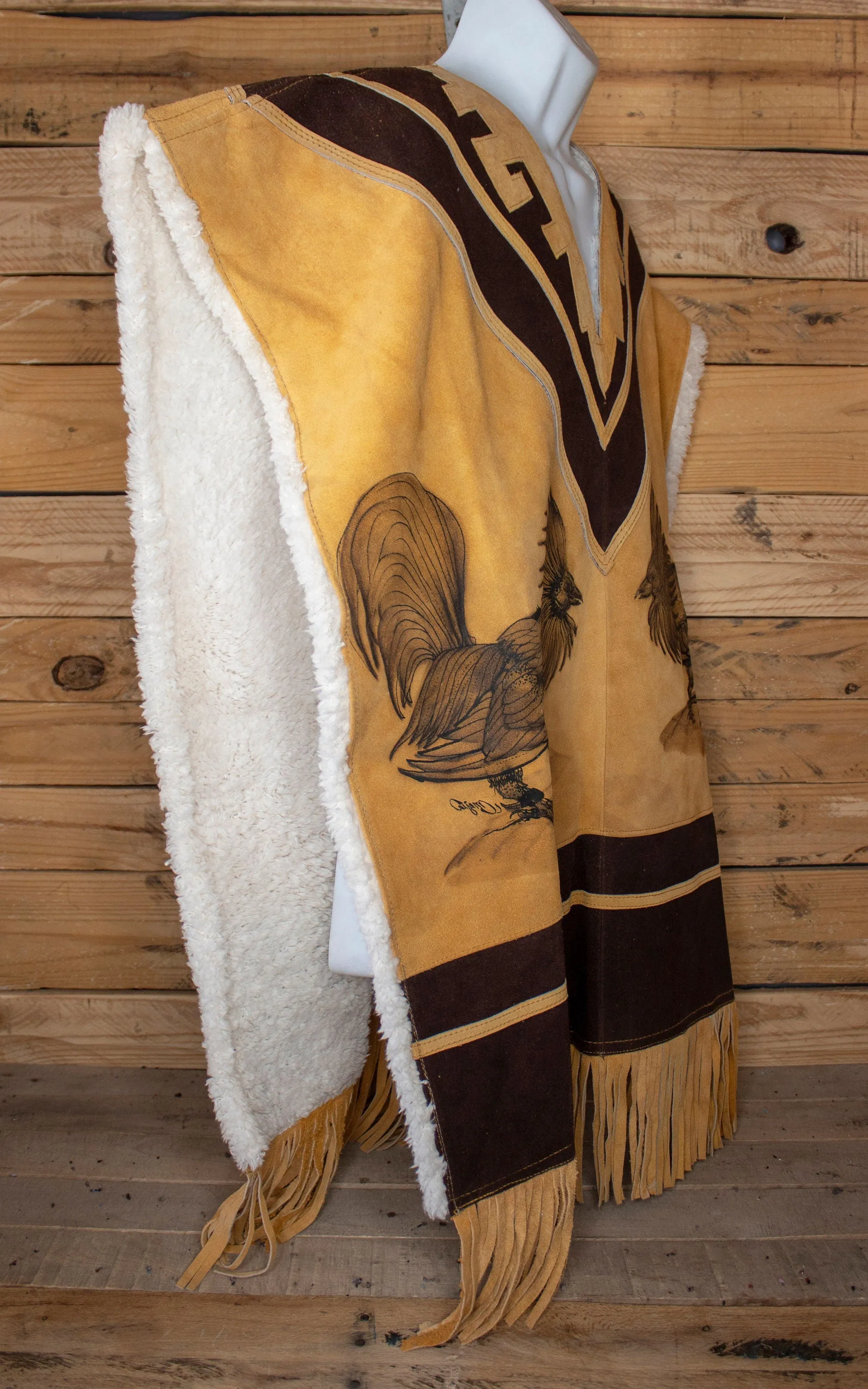 AUTHENTIC SUEDE LEATHER stamped Rooster gallo sheep wool cockfighting Mexican poncho rebozo Gaban