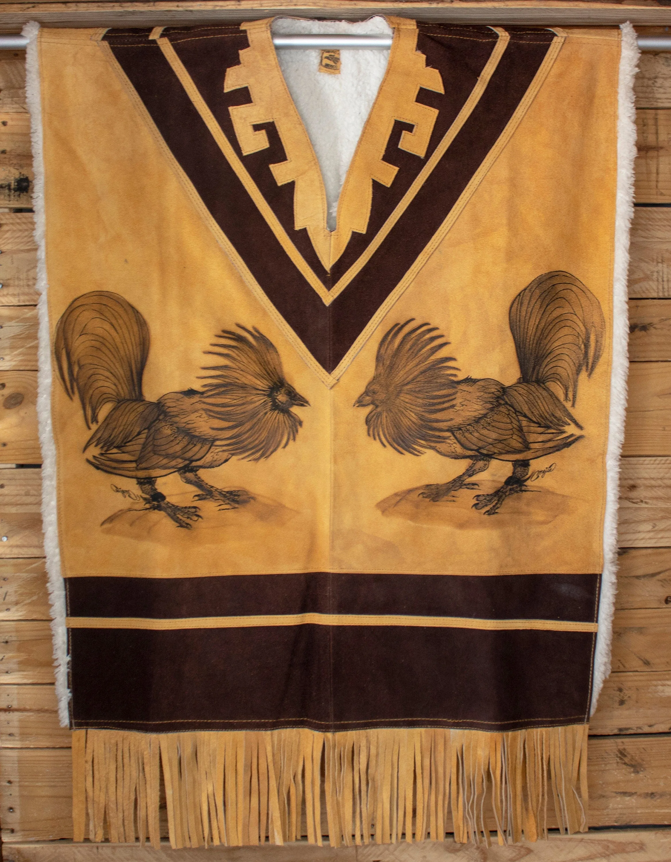 AUTHENTIC SUEDE LEATHER stamped Rooster gallo sheep wool cockfighting Mexican poncho rebozo Gaban