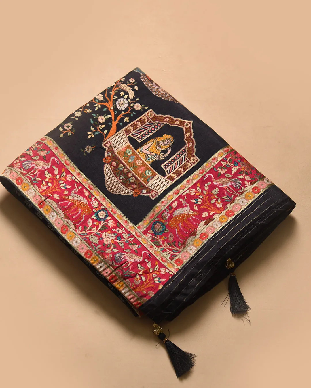 Black Silk Viscose Jamdani Multicolor Woven Saree With Silk Woven Blouse