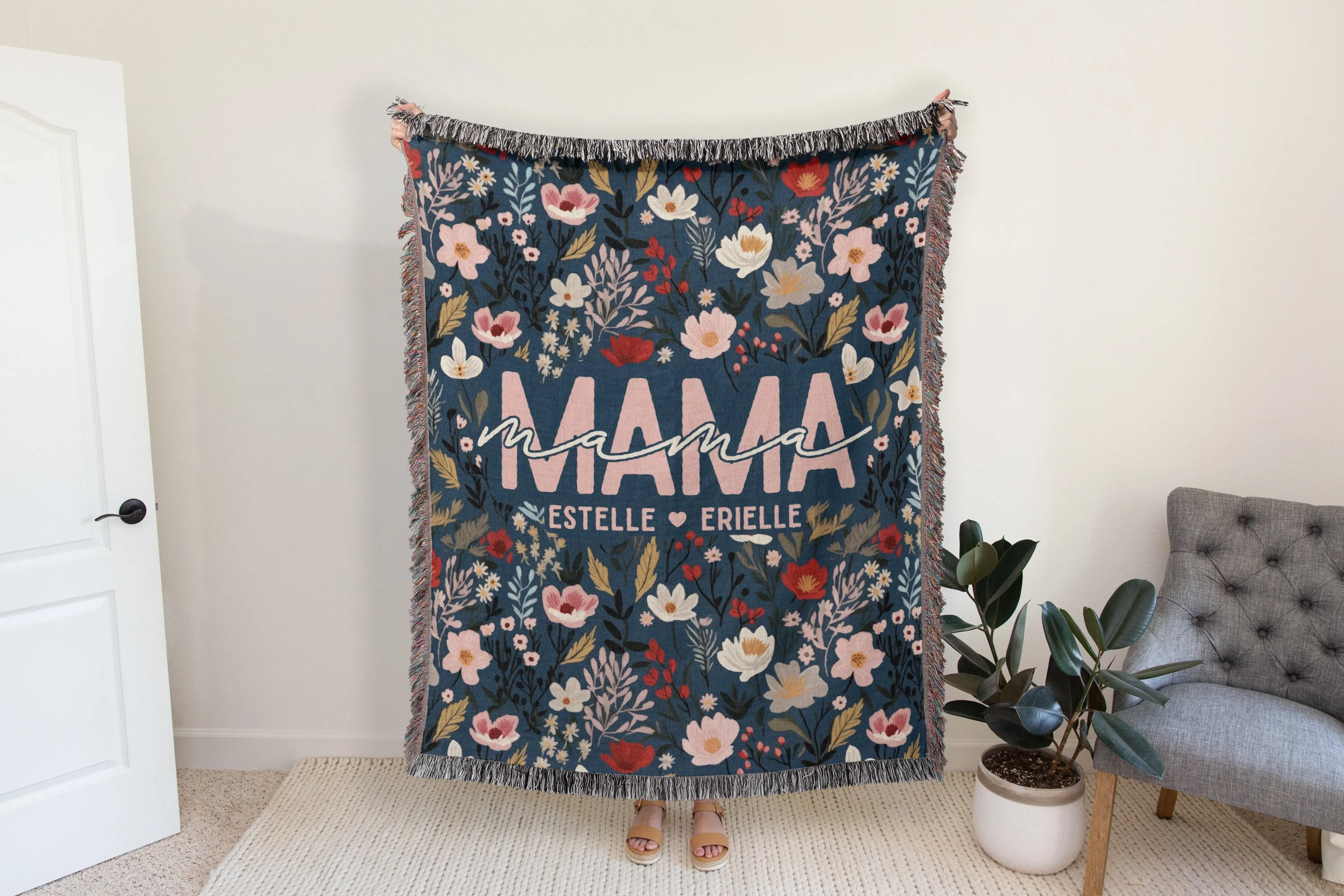 Blue Floral Mother Blanket with Names