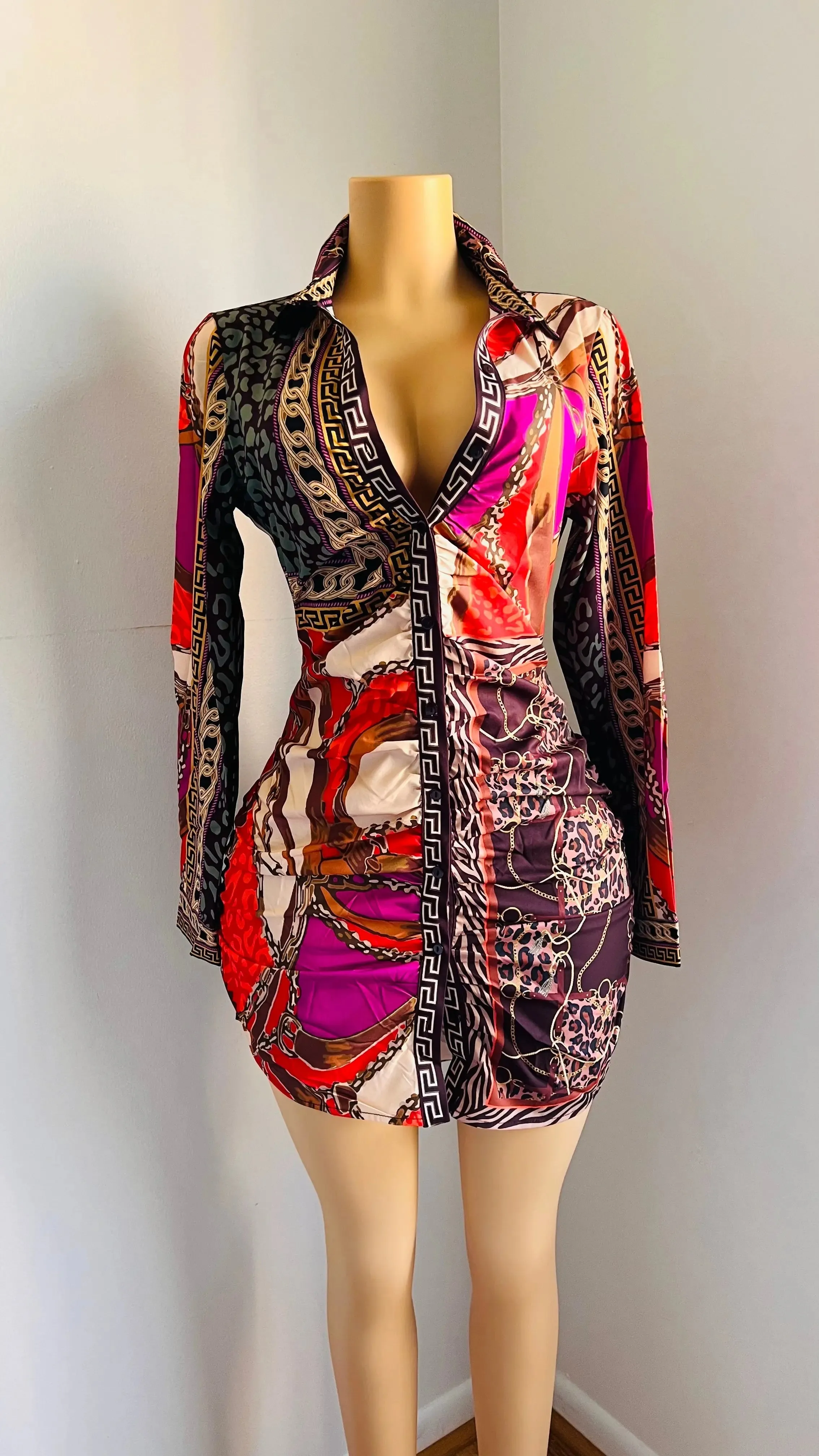 Casual Mini Shirt Dress with V Neck