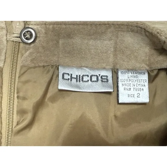 Chicos 100% Leather Suede Midi Whipstitch Lined Flare Skirt Beige Women's Large