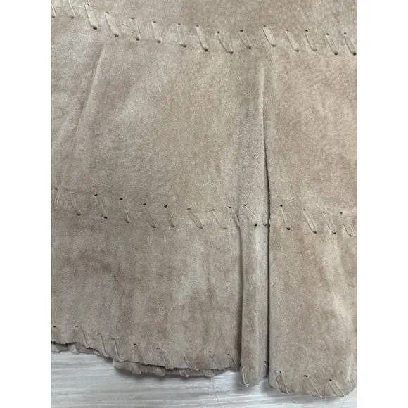 Chicos 100% Leather Suede Midi Whipstitch Lined Flare Skirt Beige Women's Large