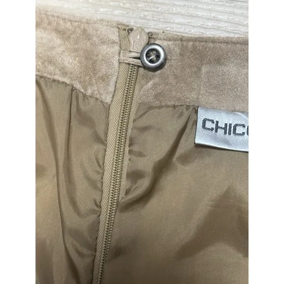 Chicos 100% Leather Suede Midi Whipstitch Lined Flare Skirt Beige Women's Large