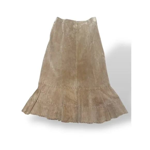 Chicos 100% Leather Suede Midi Whipstitch Lined Flare Skirt Beige Women's Large