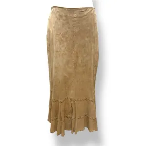 Chicos 100% Leather Suede Midi Whipstitch Lined Flare Skirt Beige Women's Large