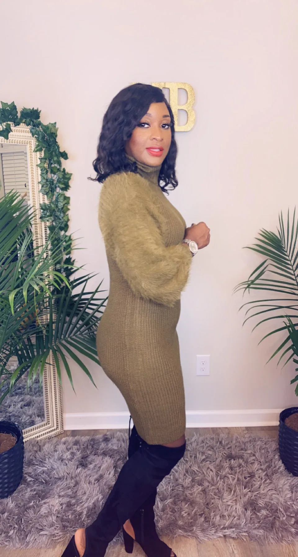 Classic Fuzzy Sweater Dress-Olive