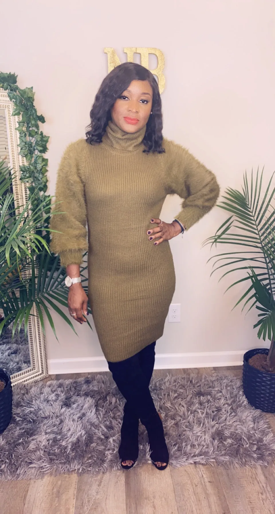 Classic Fuzzy Sweater Dress-Olive