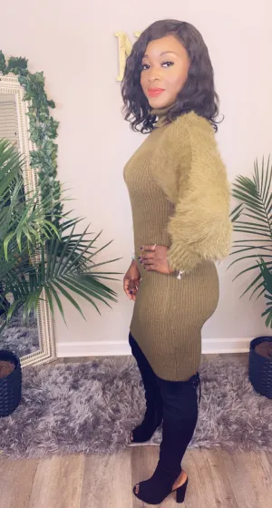 Classic Fuzzy Sweater Dress-Olive
