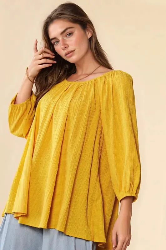 Crinkled Texture Round Neck Swing Top For Women – Flowy Trendy Fashionable Crinkle Blouse with Relaxed Fit