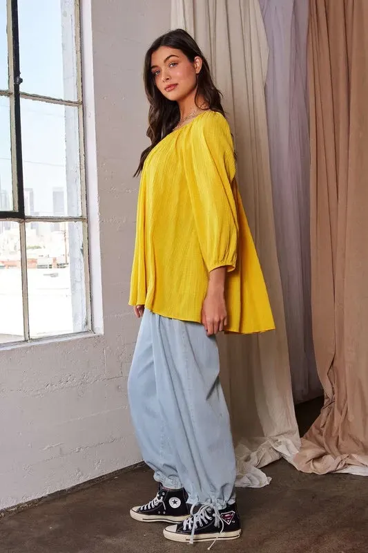 Crinkled Texture Round Neck Swing Top For Women – Flowy Trendy Fashionable Crinkle Blouse with Relaxed Fit