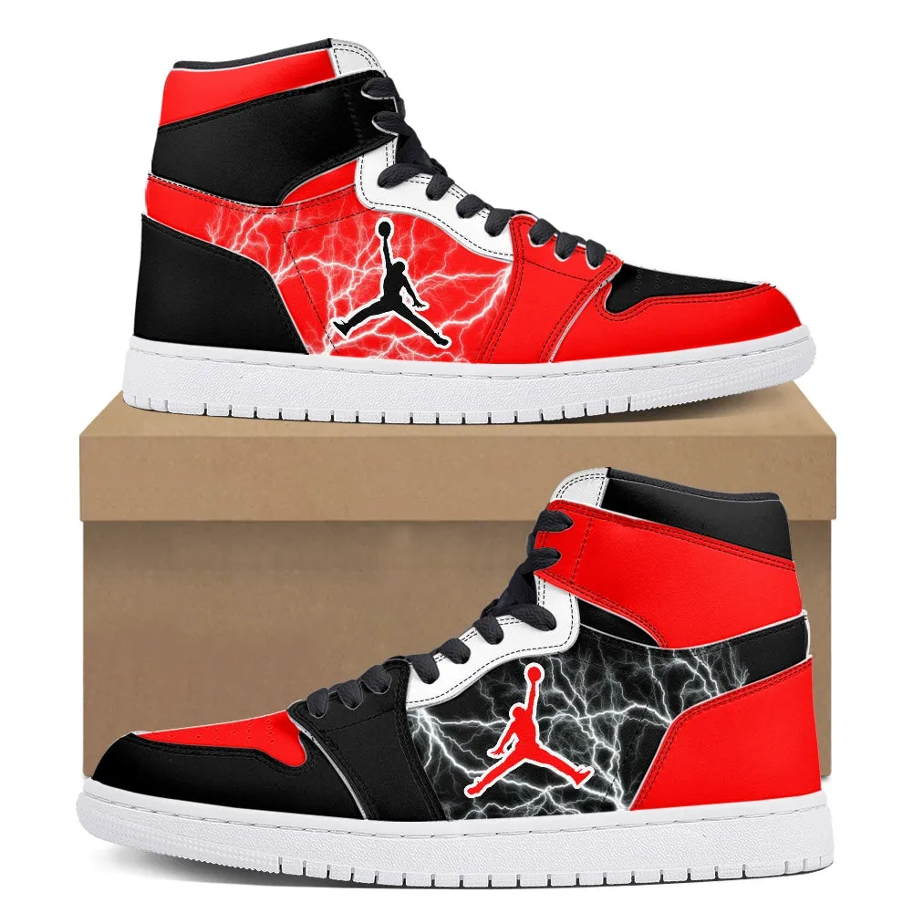 Custom Air Jordan Style Red & Black Lightning High-Top Sneakers