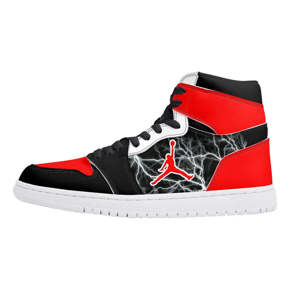 Custom Air Jordan Style Red & Black Lightning High-Top Sneakers