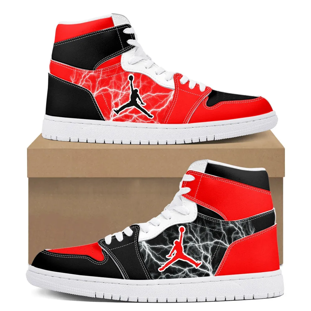 Custom Air Jordan Style Red & Black Lightning High-Top Sneakers
