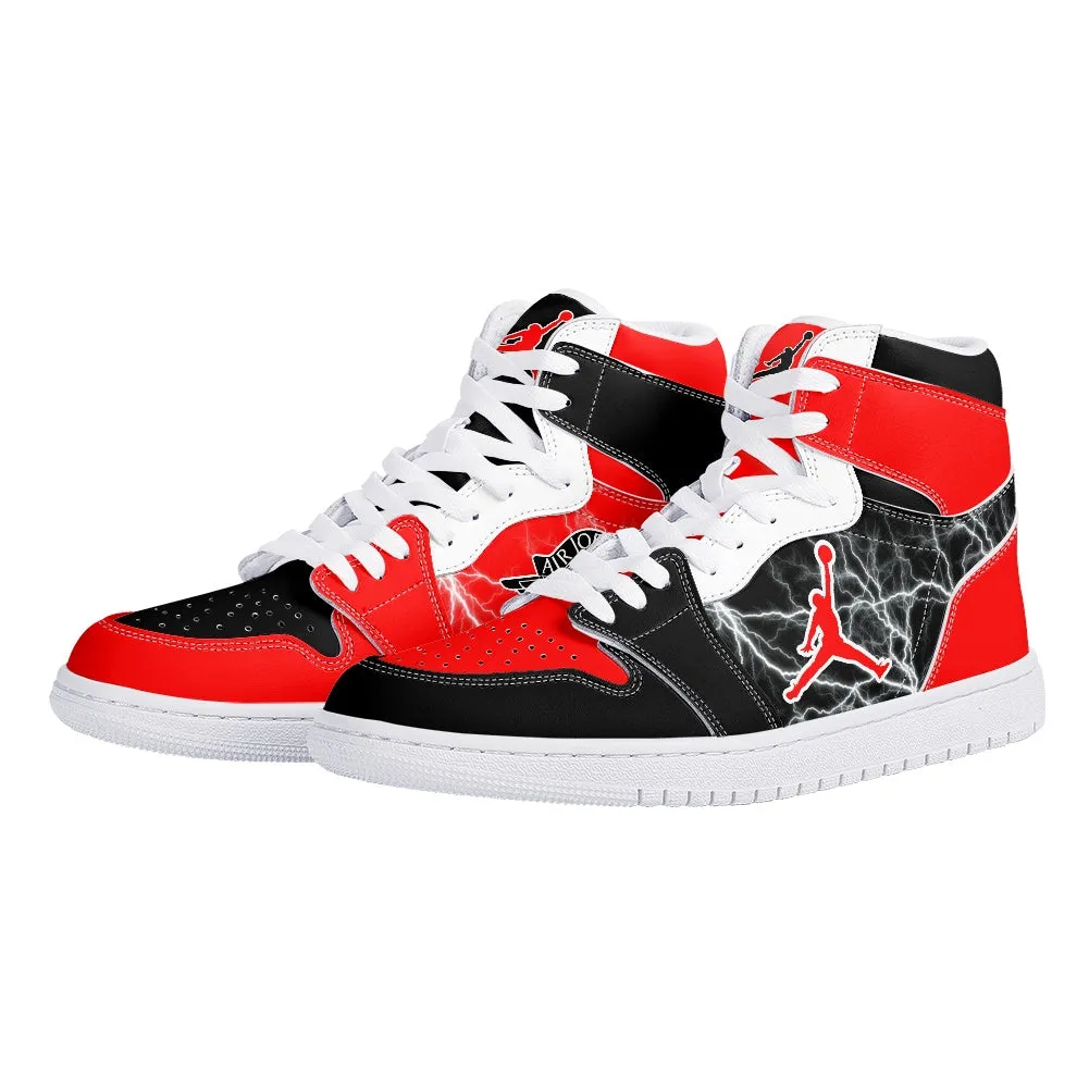Custom Air Jordan Style Red & Black Lightning High-Top Sneakers