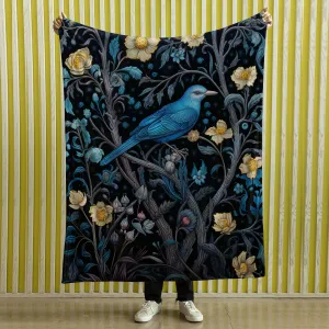 Dark Cottagecore Crow Tapestry Woven | Raven Wall Art Blanket Woven Wall Hanging | Woodland Aesthetic Halloween Gothic Decor Crow Blanket, Bird And Flower 002