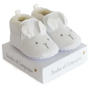 Doudou Et Compagnie Adorable Luxury Baby Booties in White With Cute Embroidered Face