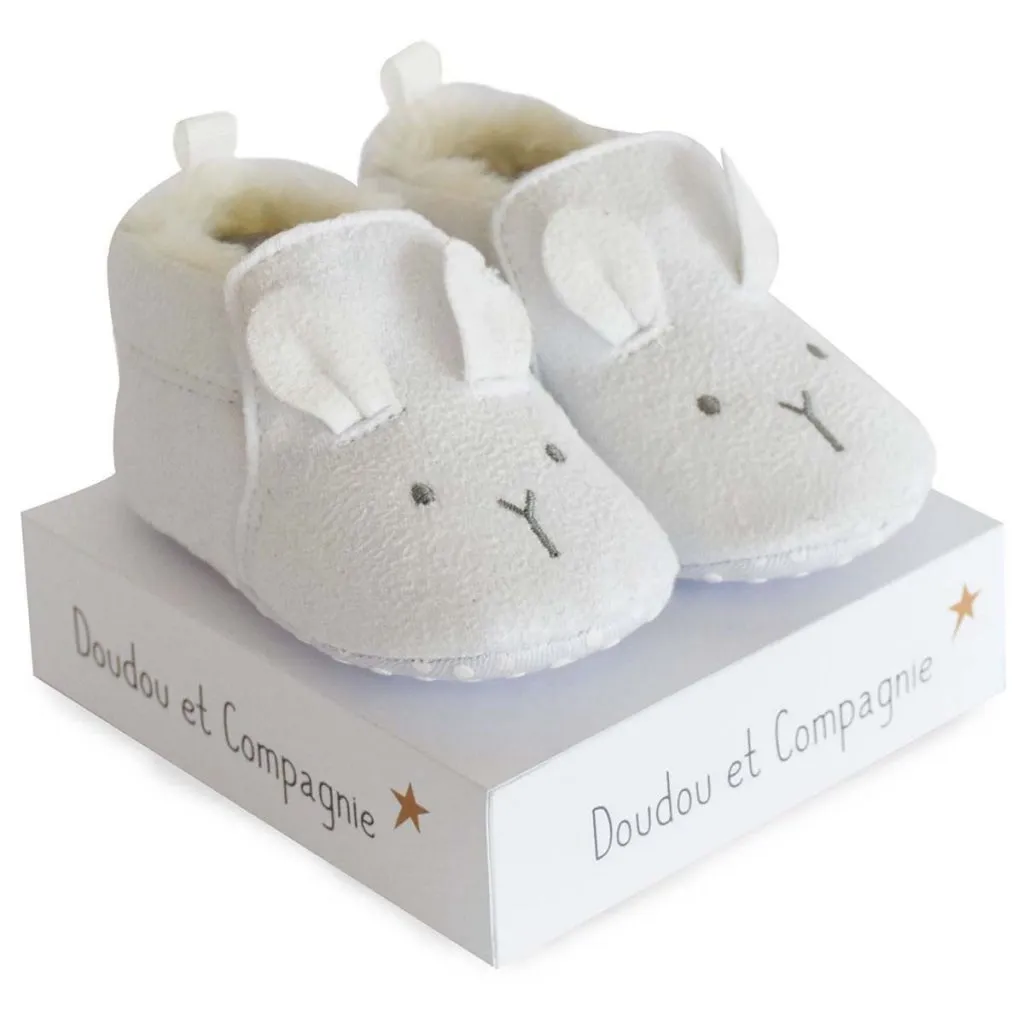 Doudou Et Compagnie Adorable Luxury Baby Booties in White With Cute Embroidered Face