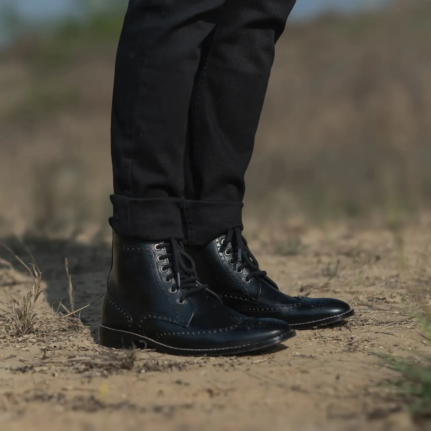 Duster Brogues Derby Black Leather Boots