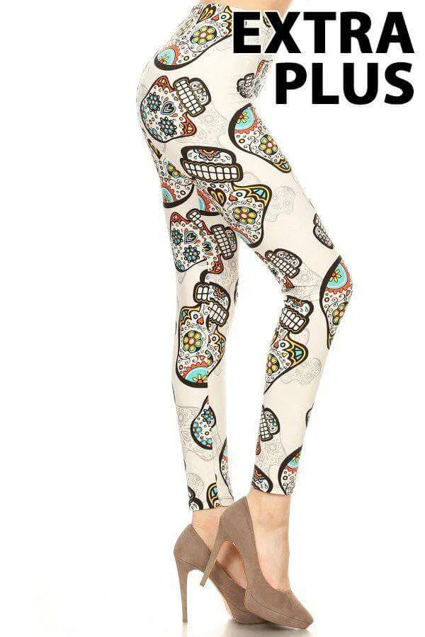 Extra Plus Sugar Skull Print Leggings on Creme Background