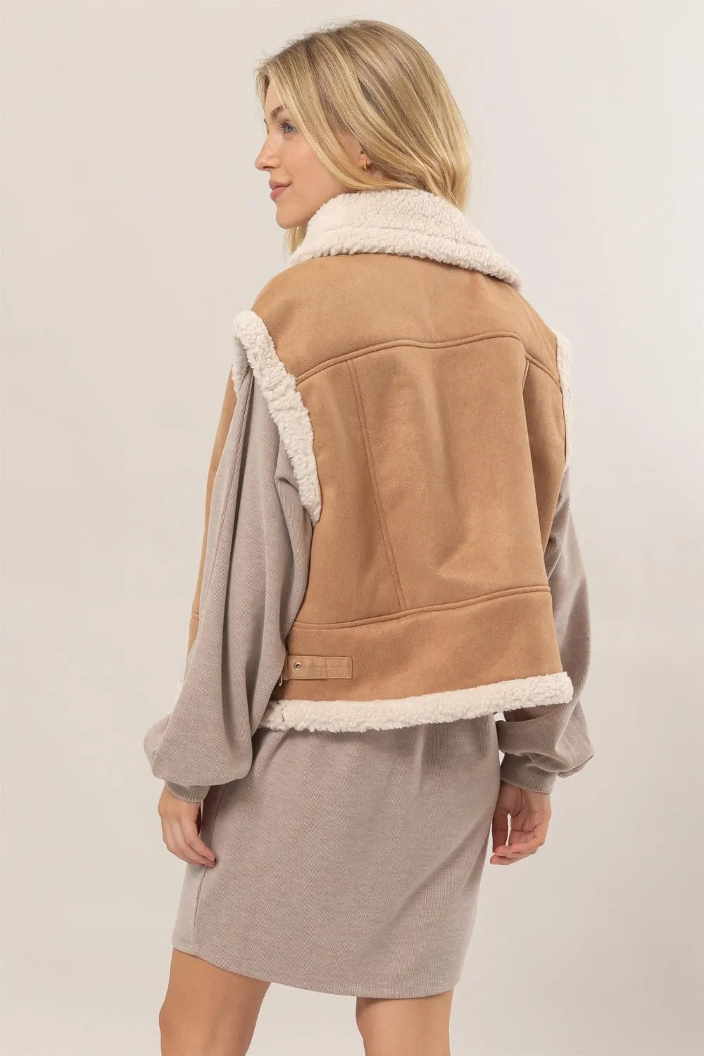 Faux Fur-Contrast Zip Up Suede Vest