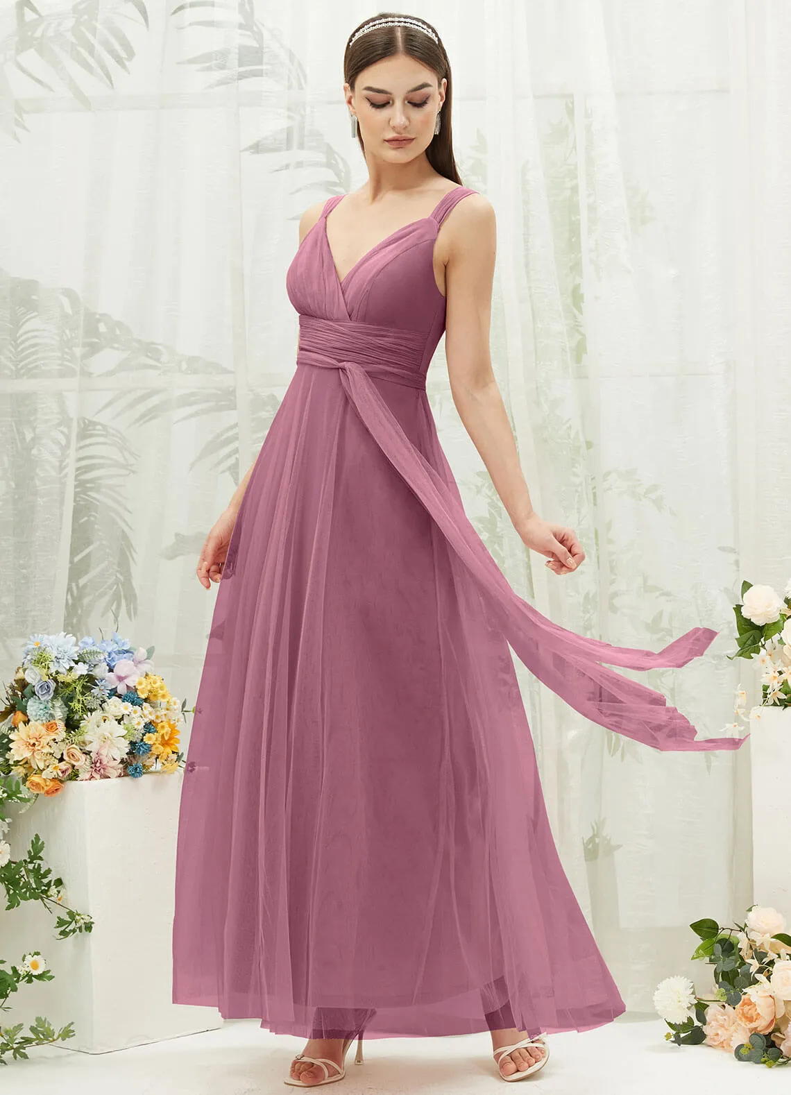 [Final Sale] Dusty Rose Sleeveless V-Neck Tulle Maxi Bridesmaid Dress Evening Gown
