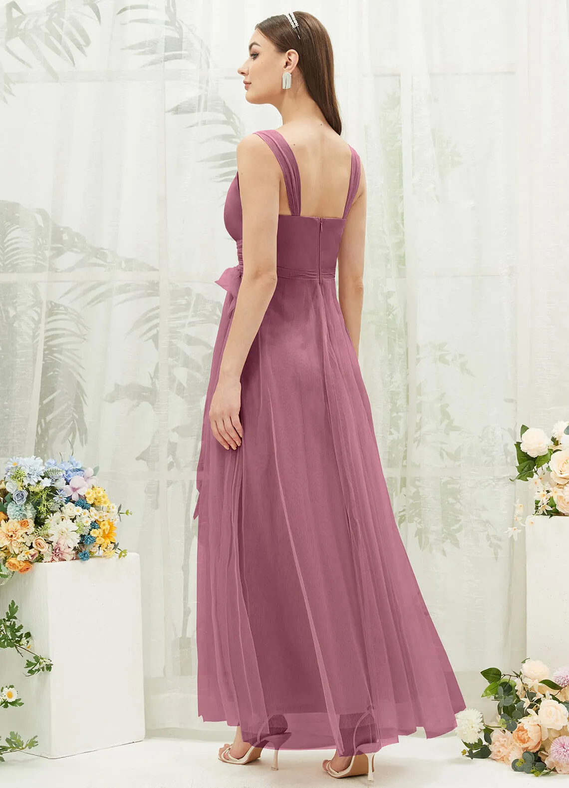 [Final Sale] Dusty Rose Sleeveless V-Neck Tulle Maxi Bridesmaid Dress Evening Gown