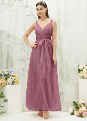 [Final Sale] Dusty Rose Sleeveless V-Neck Tulle Maxi Bridesmaid Dress Evening Gown