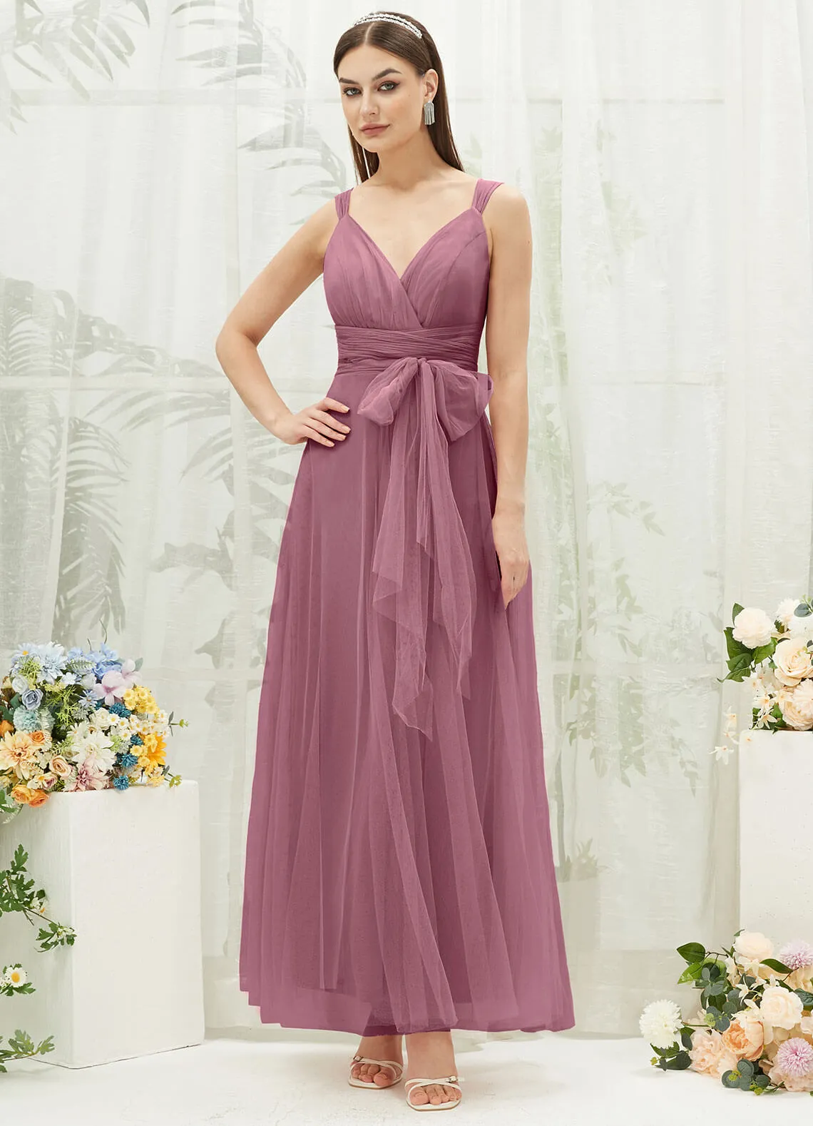 [Final Sale] Dusty Rose Sleeveless V-Neck Tulle Maxi Bridesmaid Dress Evening Gown