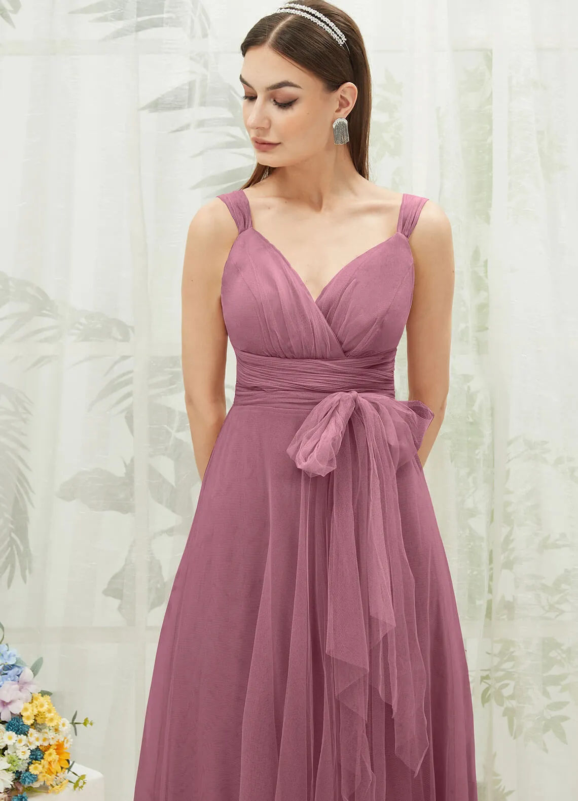 [Final Sale] Dusty Rose Sleeveless V-Neck Tulle Maxi Bridesmaid Dress Evening Gown