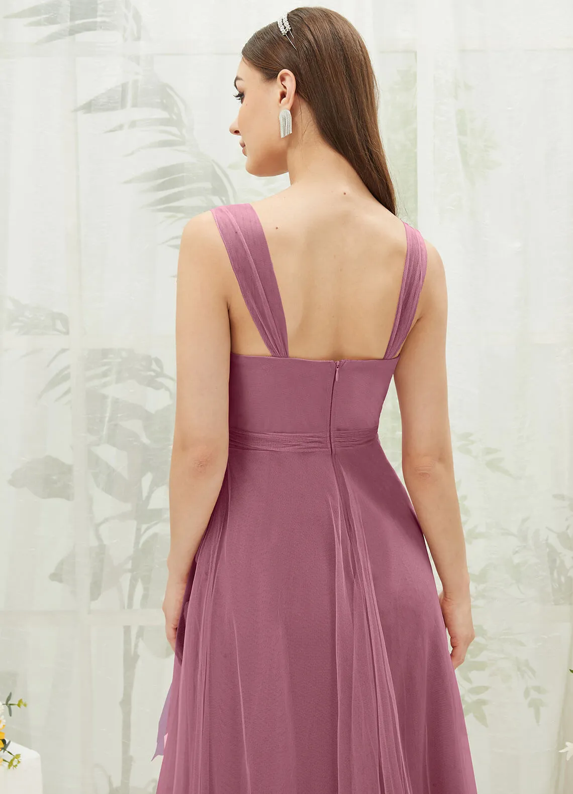 [Final Sale] Dusty Rose Sleeveless V-Neck Tulle Maxi Bridesmaid Dress Evening Gown