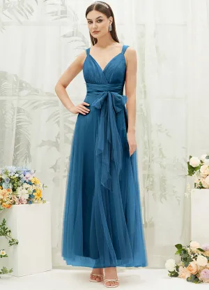 [Final Sale] Teal Sleeveless V-Neck Tulle Maxi Bridesmaid Dress Evening Gown