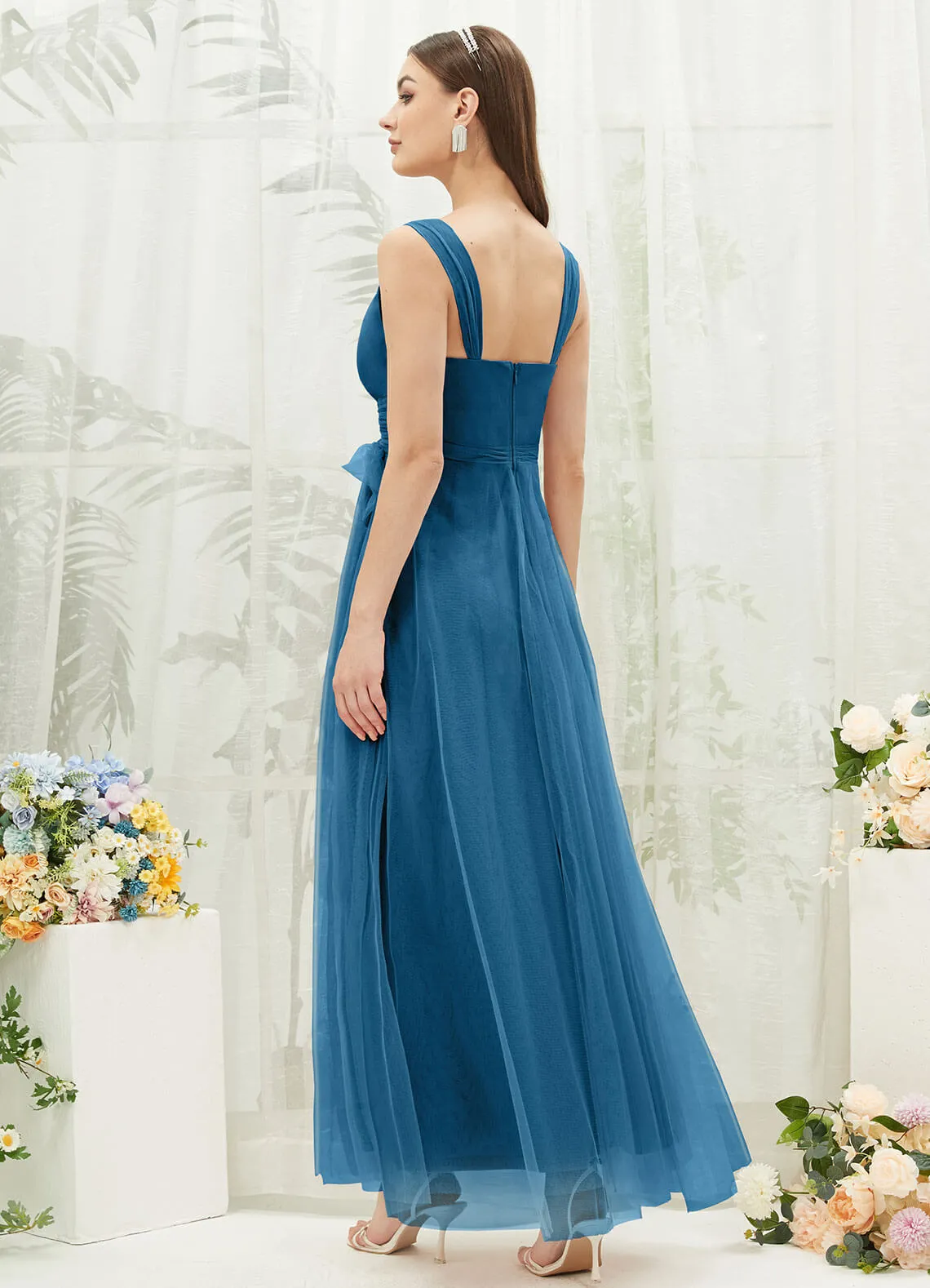 [Final Sale] Teal Sleeveless V-Neck Tulle Maxi Bridesmaid Dress Evening Gown