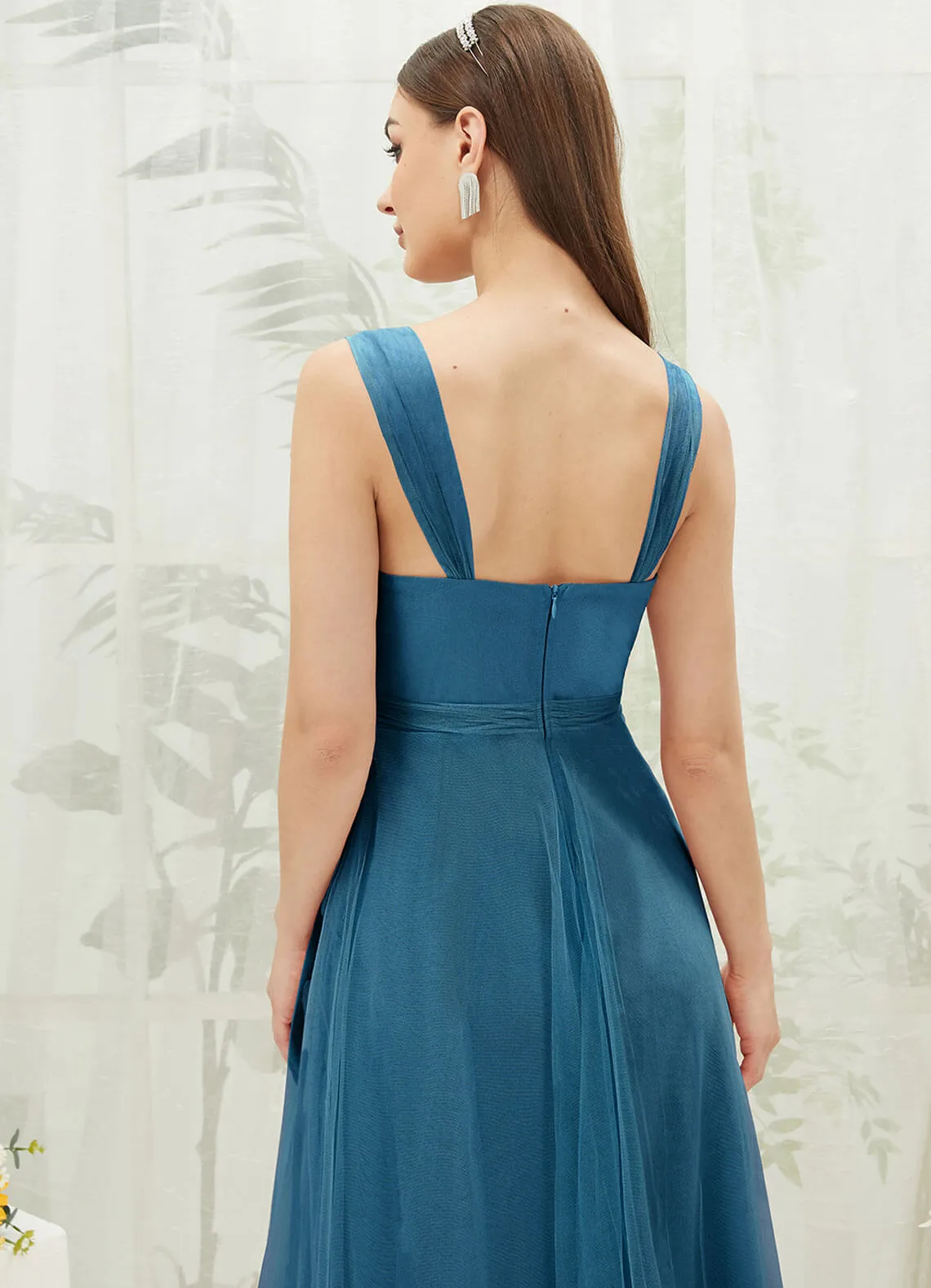 [Final Sale] Teal Sleeveless V-Neck Tulle Maxi Bridesmaid Dress Evening Gown
