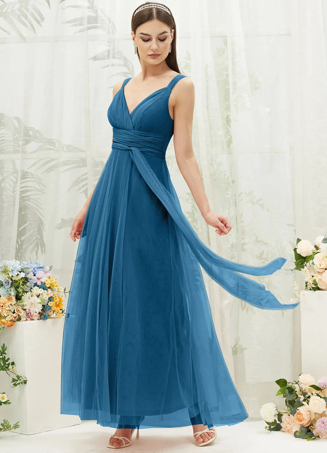[Final Sale] Teal Sleeveless V-Neck Tulle Maxi Bridesmaid Dress Evening Gown