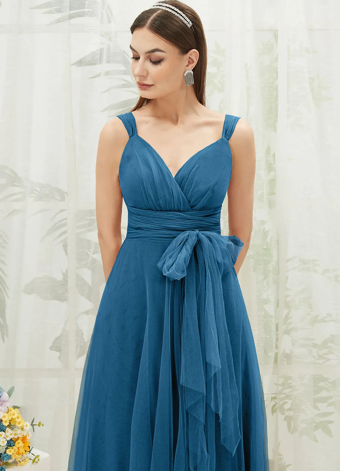 [Final Sale] Teal Sleeveless V-Neck Tulle Maxi Bridesmaid Dress Evening Gown