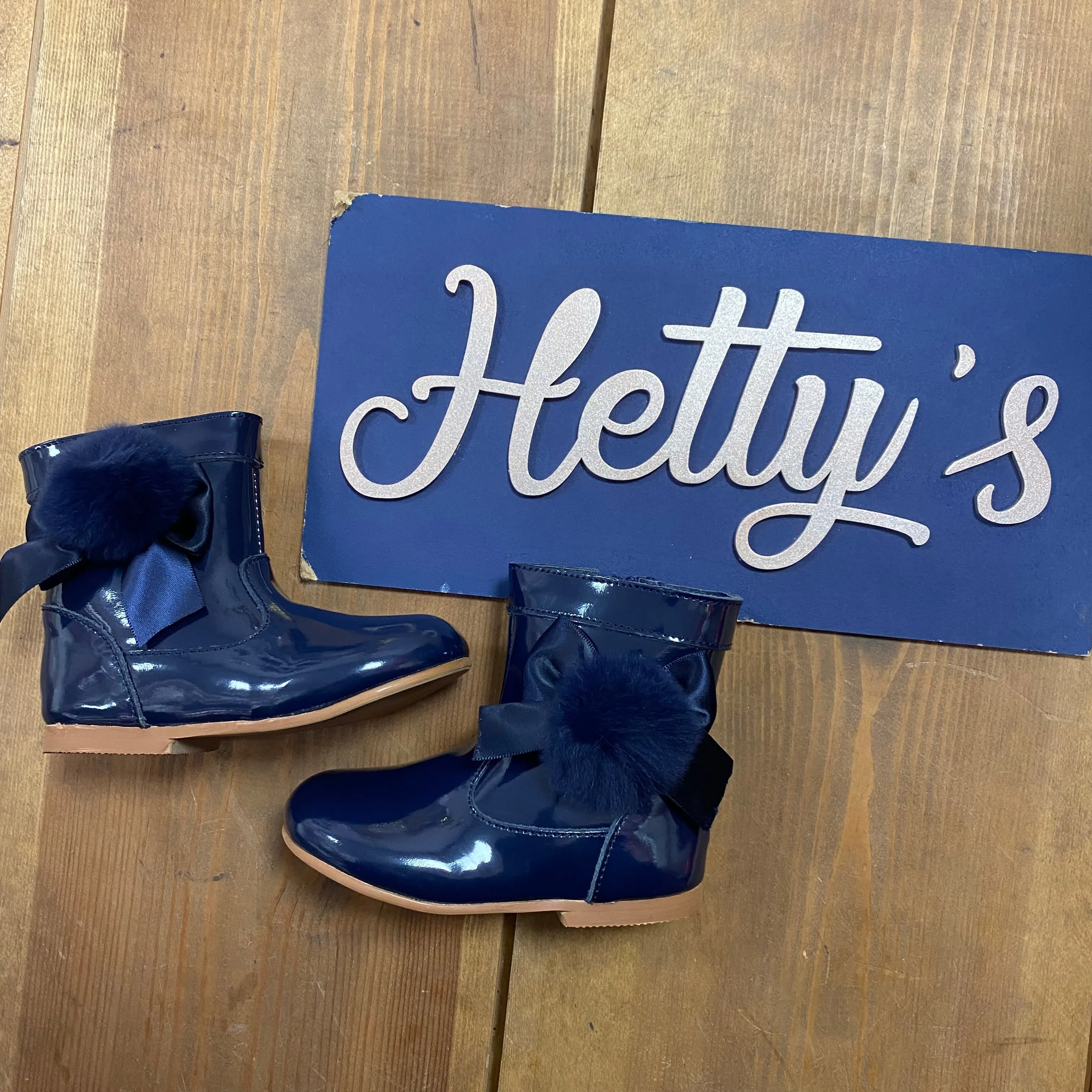 Fiona Camel & Navy boots with Pom and bow
