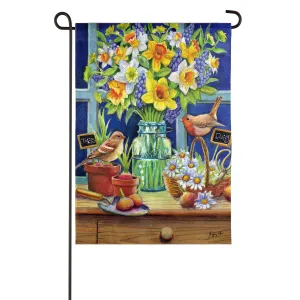 Floral Mason Jar and Robins Garden Textured Suede Flag,14es9523