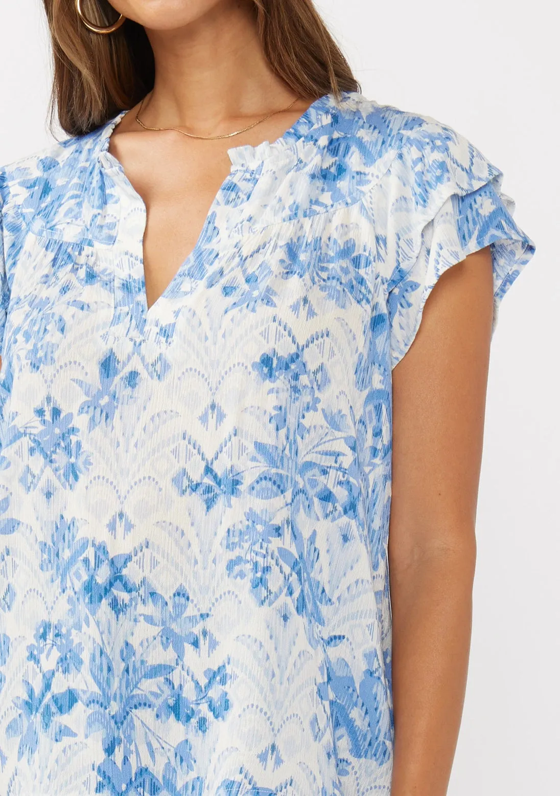 Floral Split Neck Blouse Double Ruffle Short Sleeve Top Dusty Blue