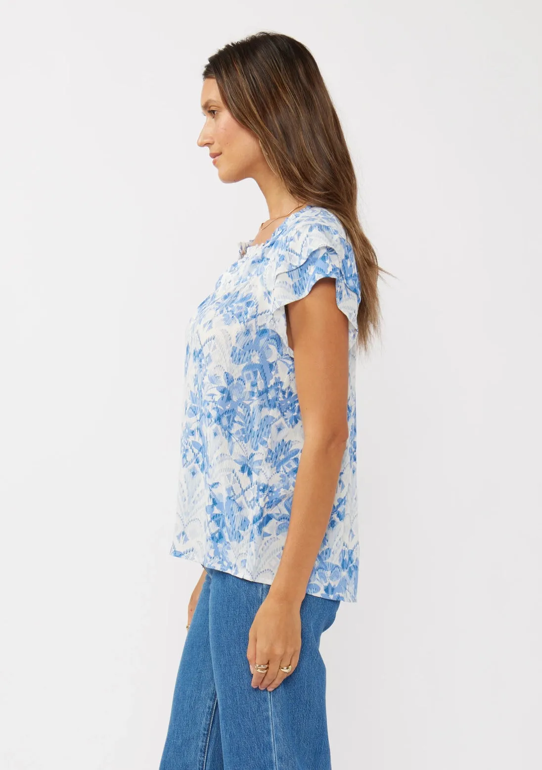 Floral Split Neck Blouse Double Ruffle Short Sleeve Top Dusty Blue