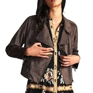 Hutch Anthropologie Brown Faux Suede Moto Jacket Women Size Small Lightweight